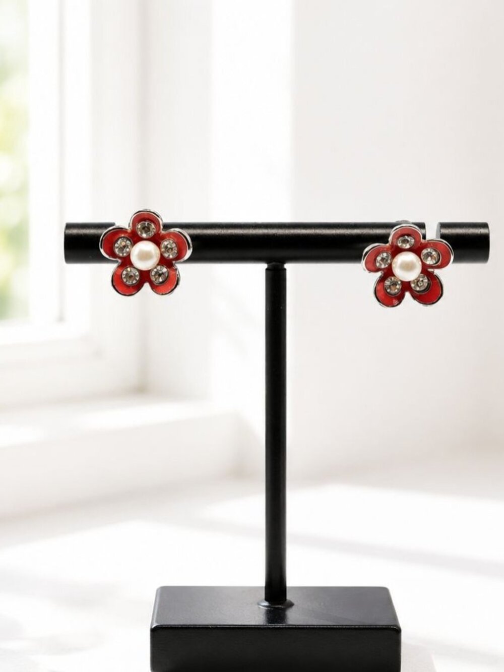 Red Flower Stud Earrings With Faux Pearl & Rhinestones Vintage Style Floral Desi